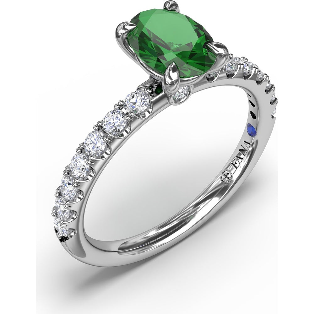 Oval Emerald Ring with Pavé Diamond Band and Claw Prongs by Fana - 1.17 Carat Total Gemstone Weight