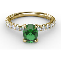 Oval Emerald Ring with Pavé Diamond Band and Claw Prongs by Fana - 1.17 Carat Total Gemstone Weight