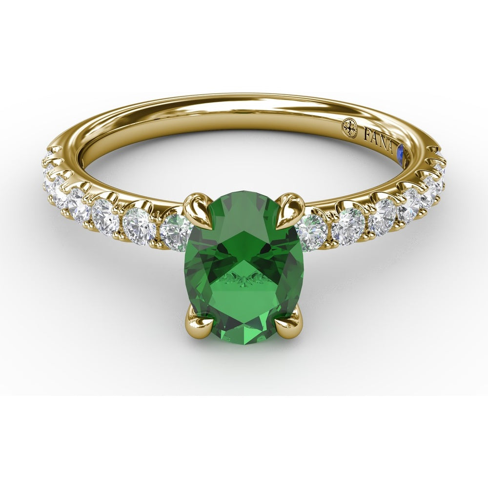 Oval Emerald Ring with Pavé Diamond Band and Claw Prongs by Fana - 1.17 Carat Total Gemstone Weight