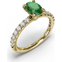 Oval Emerald Ring with Pavé Diamond Band and Claw Prongs by Fana - 1.17 Carat Total Gemstone Weight