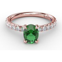Oval Emerald Ring with Pavé Diamond Band and Claw Prongs by Fana - 1.17 Carat Total Gemstone Weight