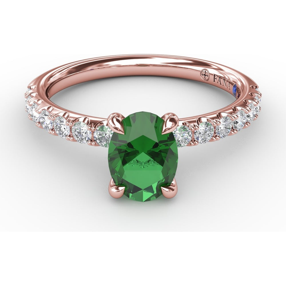 Oval Emerald Ring with Pavé Diamond Band and Claw Prongs by Fana - 1.17 Carat Total Gemstone Weight