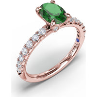 Oval Emerald Ring with Pavé Diamond Band and Claw Prongs by Fana - 1.17 Carat Total Gemstone Weight