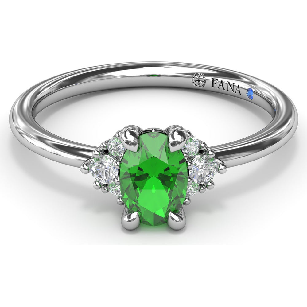Oval Emerald Ring with Three Diamond Side Clusters by Fana - 0.42 Carat Total Diamond Weight