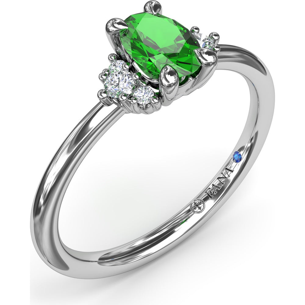 Oval Emerald Ring with Three Diamond Side Clusters by Fana - 0.42 Carat Total Diamond Weight