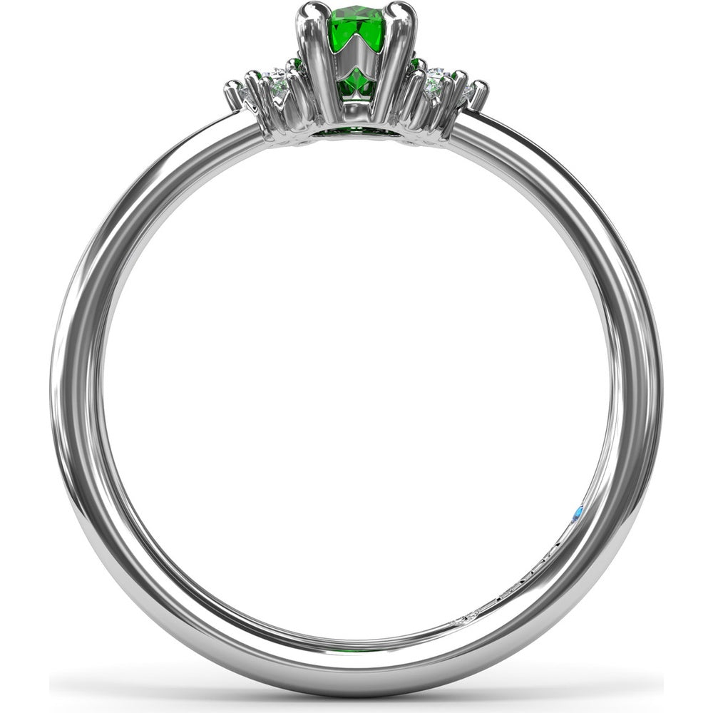 Oval Emerald Ring with Three Diamond Side Clusters by Fana - 0.42 Carat Total Diamond Weight