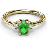 Oval Emerald Ring with Three Diamond Side Clusters by Fana - 0.42 Carat Total Diamond Weight