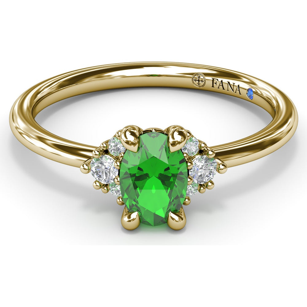 Oval Emerald Ring with Three Diamond Side Clusters by Fana - 0.42 Carat Total Diamond Weight