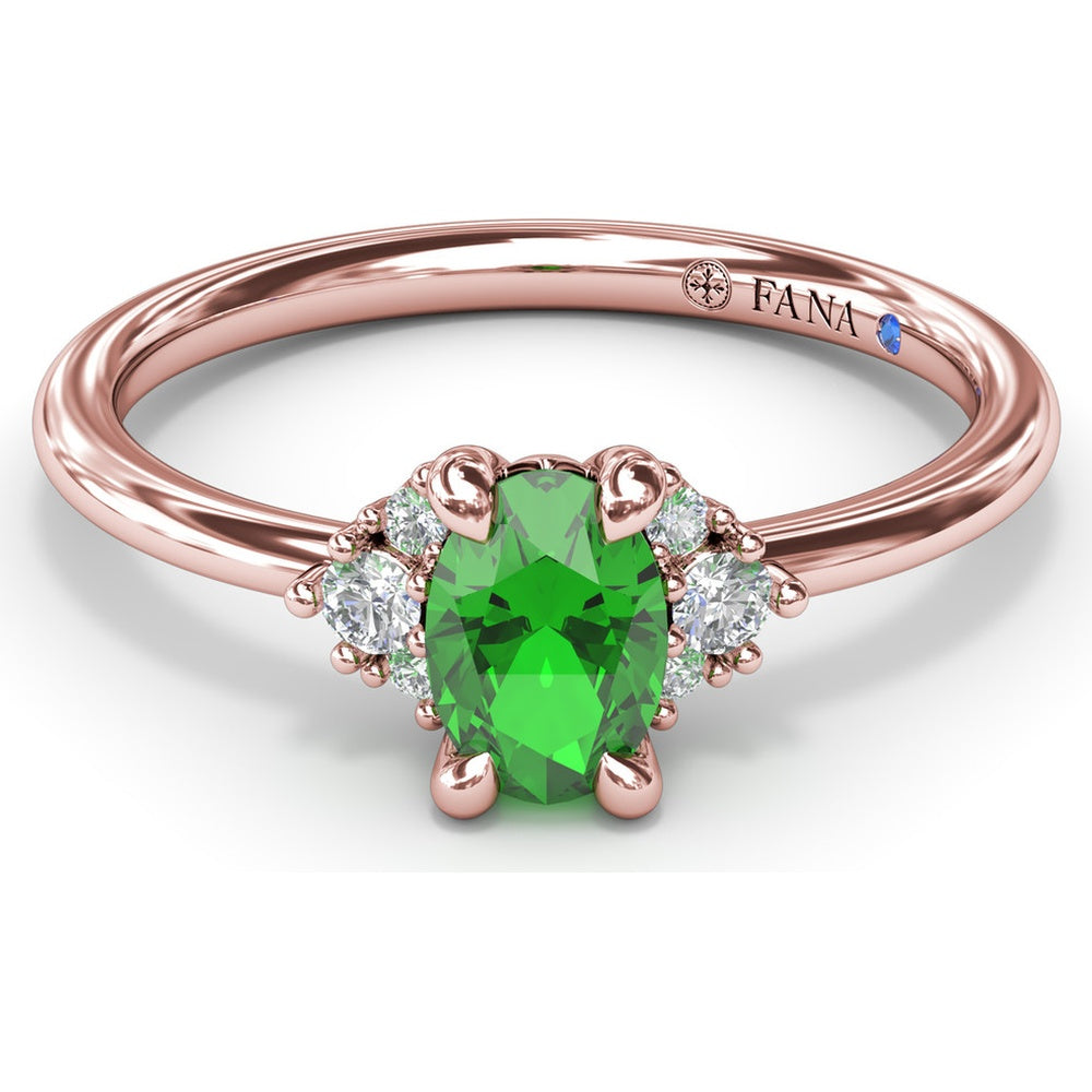 Oval Emerald Ring with Three Diamond Side Clusters by Fana - 0.42 Carat Total Diamond Weight