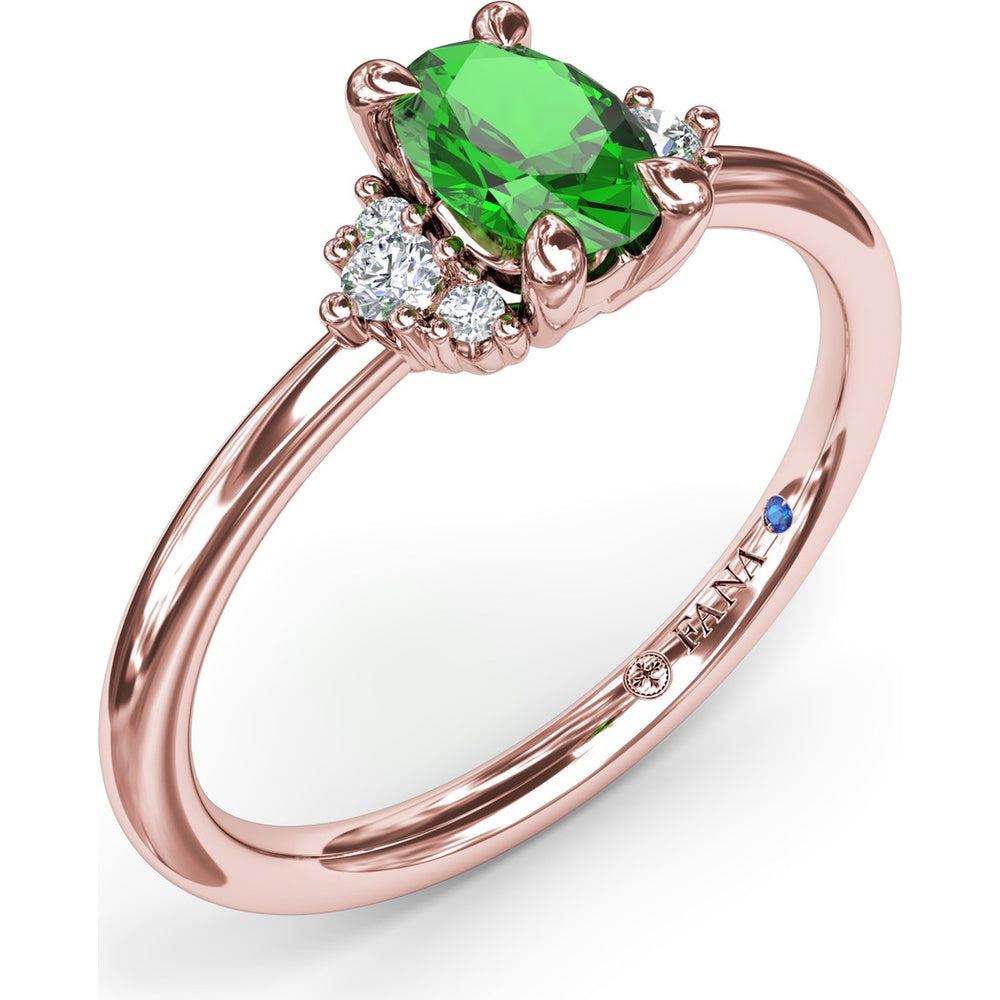 Oval Emerald Ring with Three Diamond Side Clusters by Fana - 0.42 Carat Total Diamond Weight