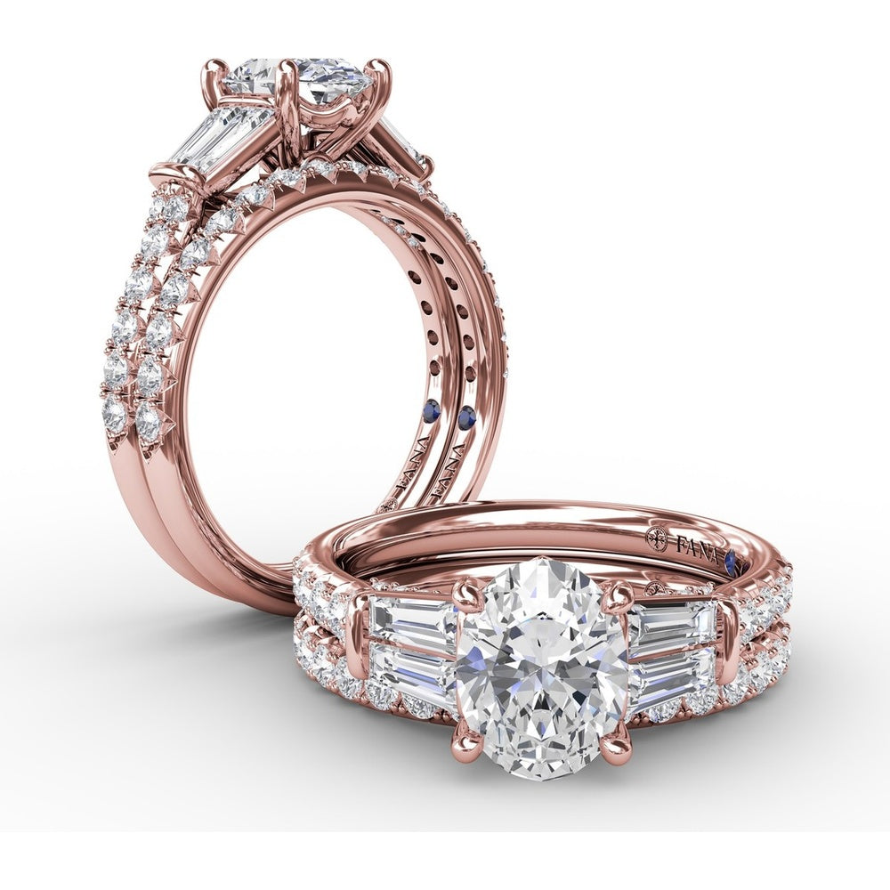 Oval Engagement Ring Setting with Tapered Baguette Side Stones and Pavé Diamond Band - 0.95 Carat Total Side Stone Weight by Fana