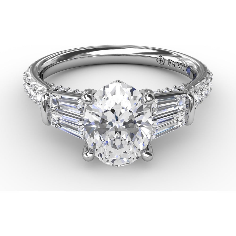 Oval Engagement Ring Setting with Tapered Baguette Side Stones and Pavé Diamond Band - 0.95 Carat Total Side Stone Weight by Fana