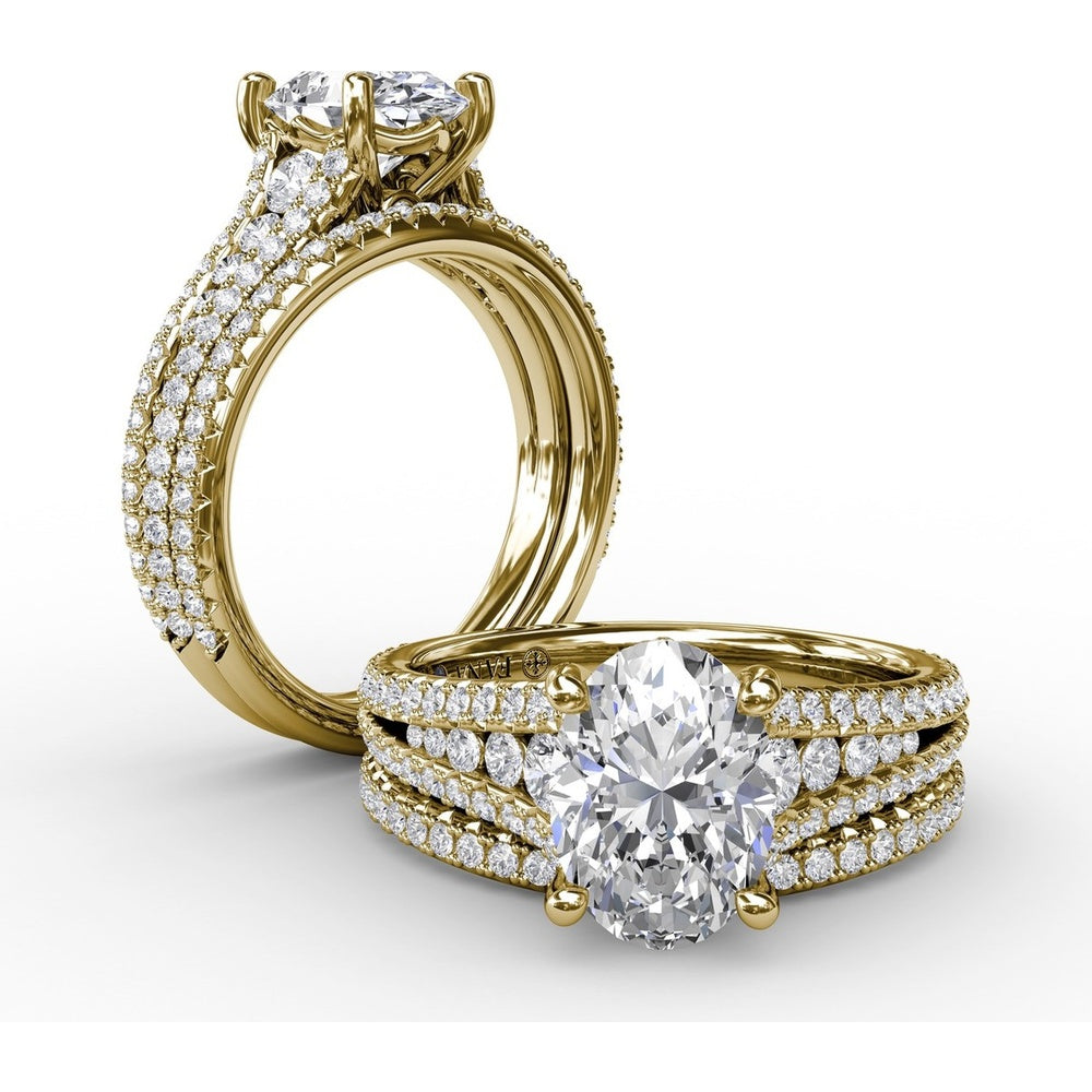 Oval Engagement Ring Setting with Triple-Row Tapered Diamond Band and Hidden Halo by Fana - 0.72 Carat Total Diamond Weight