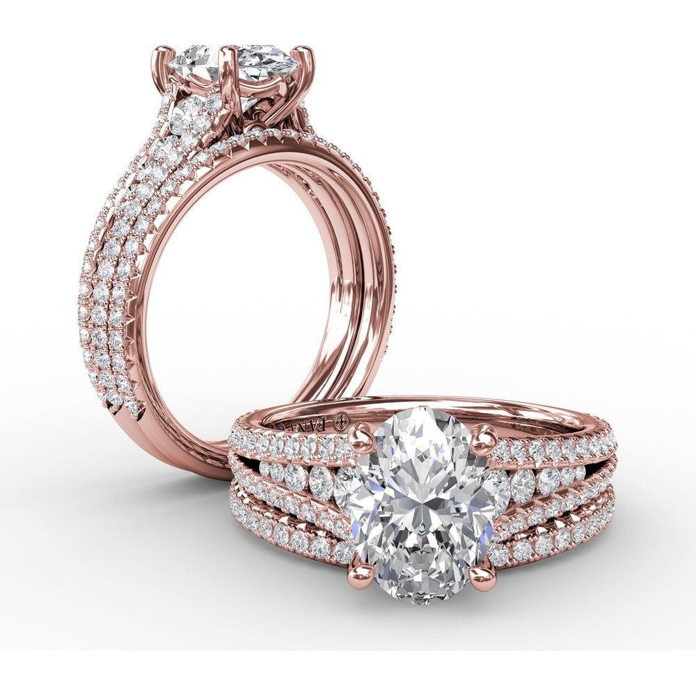 Oval Engagement Ring Setting with Triple-Row Tapered Diamond Band and Hidden Halo by Fana - 0.72 Carat Total Diamond Weight
