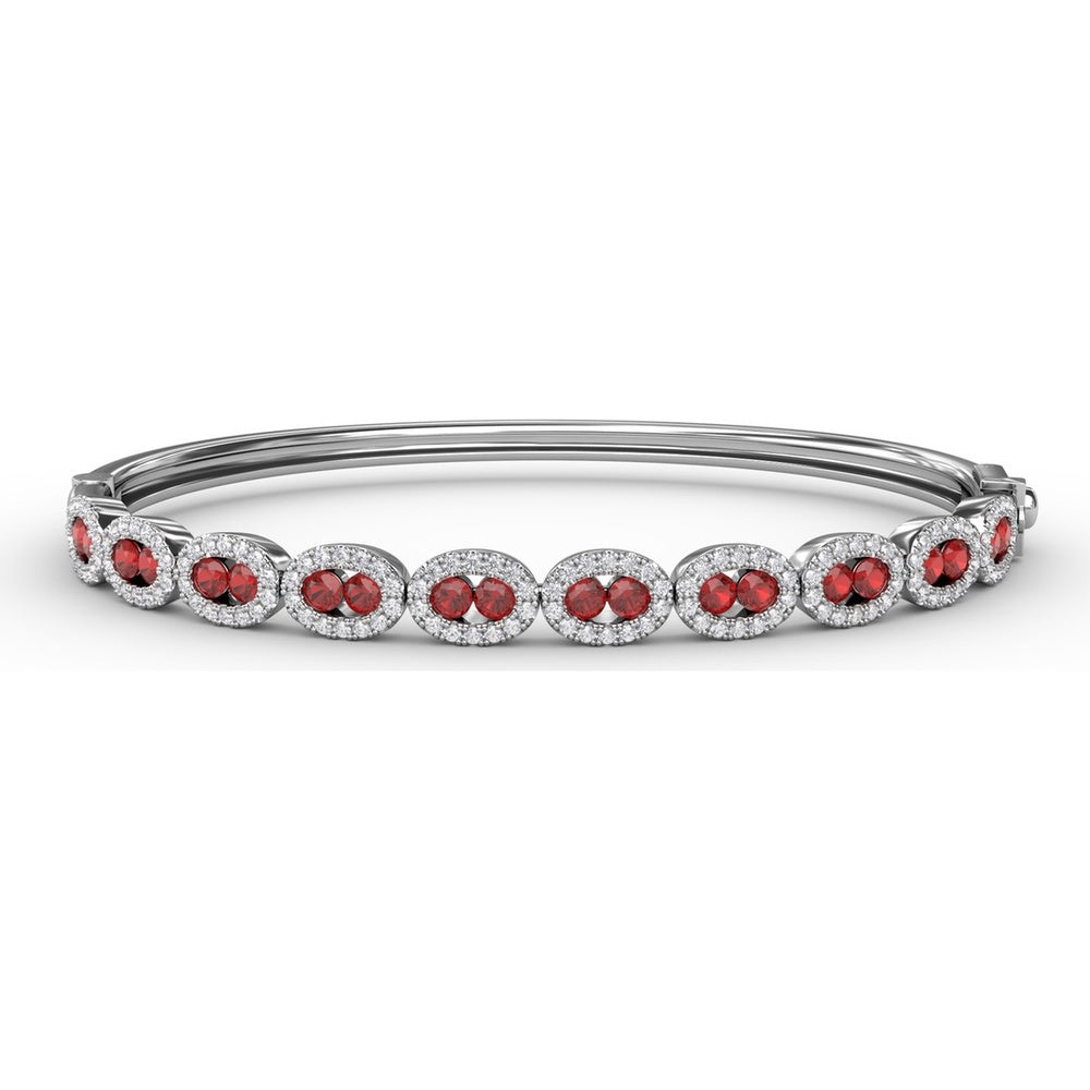 Oval Link Bangle with Pavé Diamond Halo and Round Rubies by Fana - 2.55 Carat Total Gemstone Weight