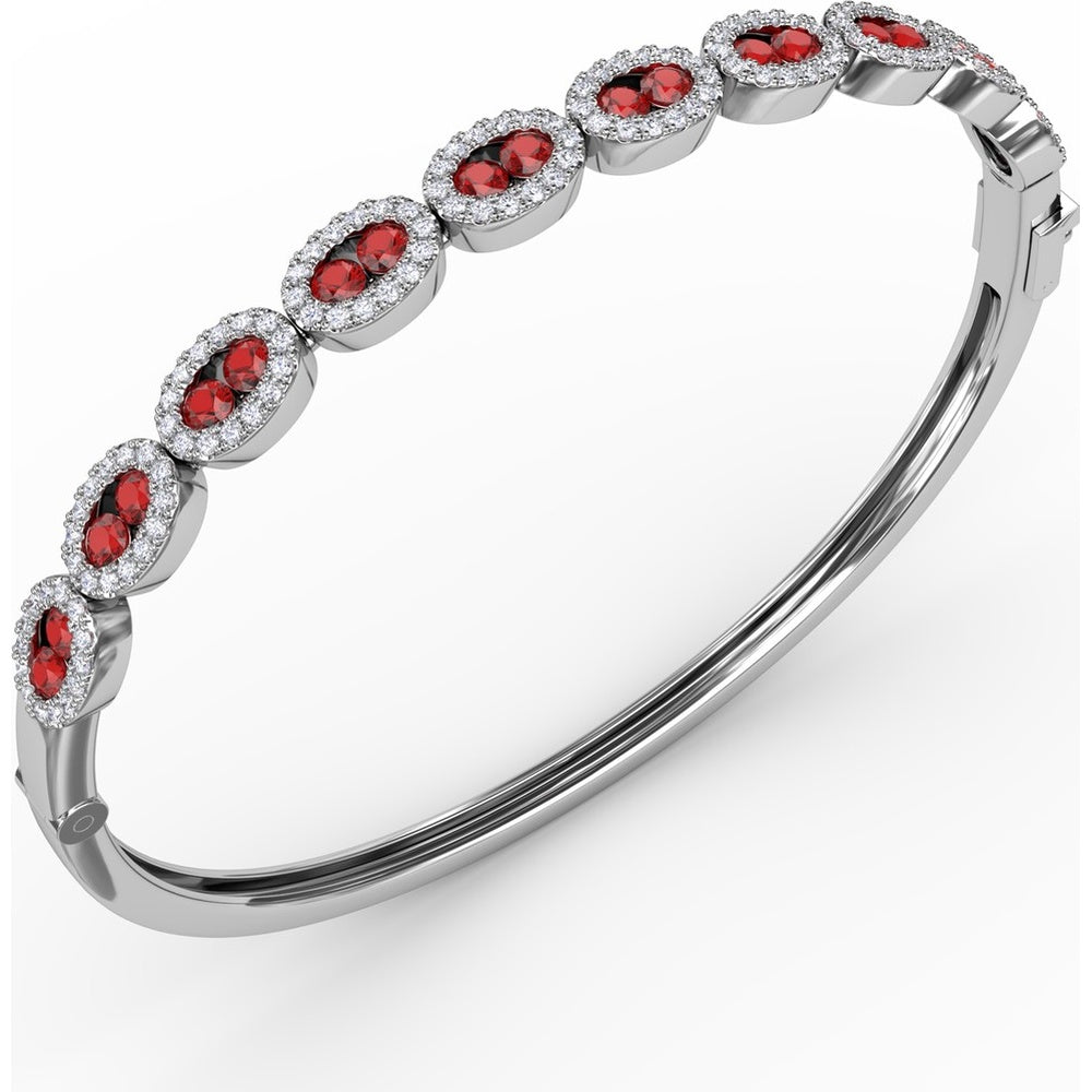 Oval Link Bangle with Pavé Diamond Halo and Round Rubies by Fana - 2.55 Carat Total Gemstone Weight