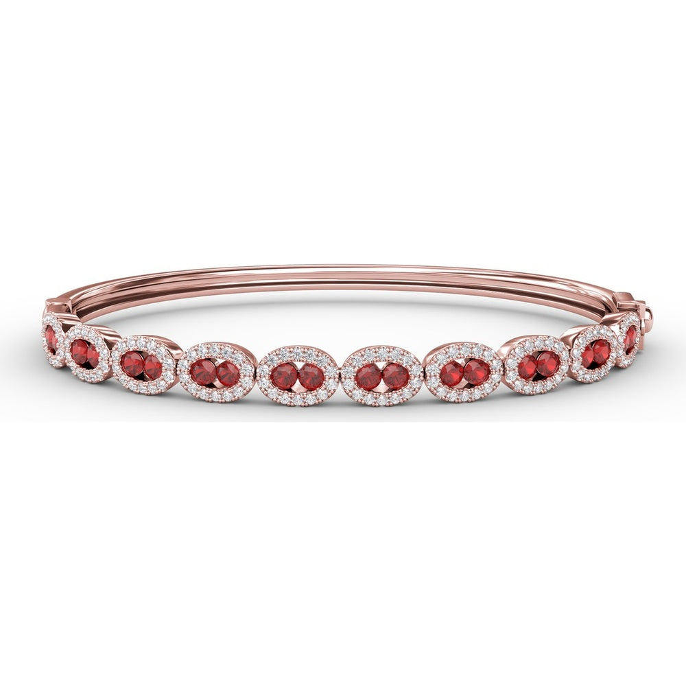 Oval Link Bangle with Pavé Diamond Halo and Round Rubies by Fana - 2.55 Carat Total Gemstone Weight