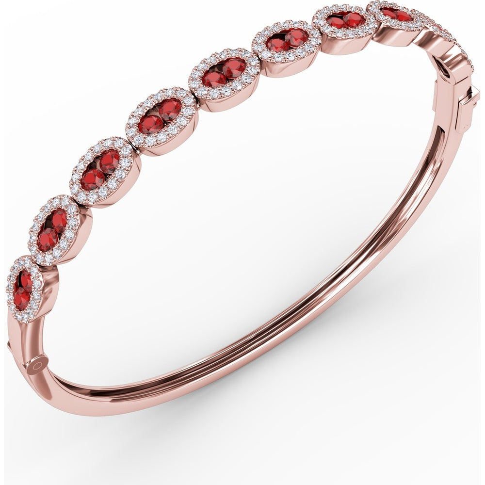 Oval Link Bangle with Pavé Diamond Halo and Round Rubies by Fana - 2.55 Carat Total Gemstone Weight
