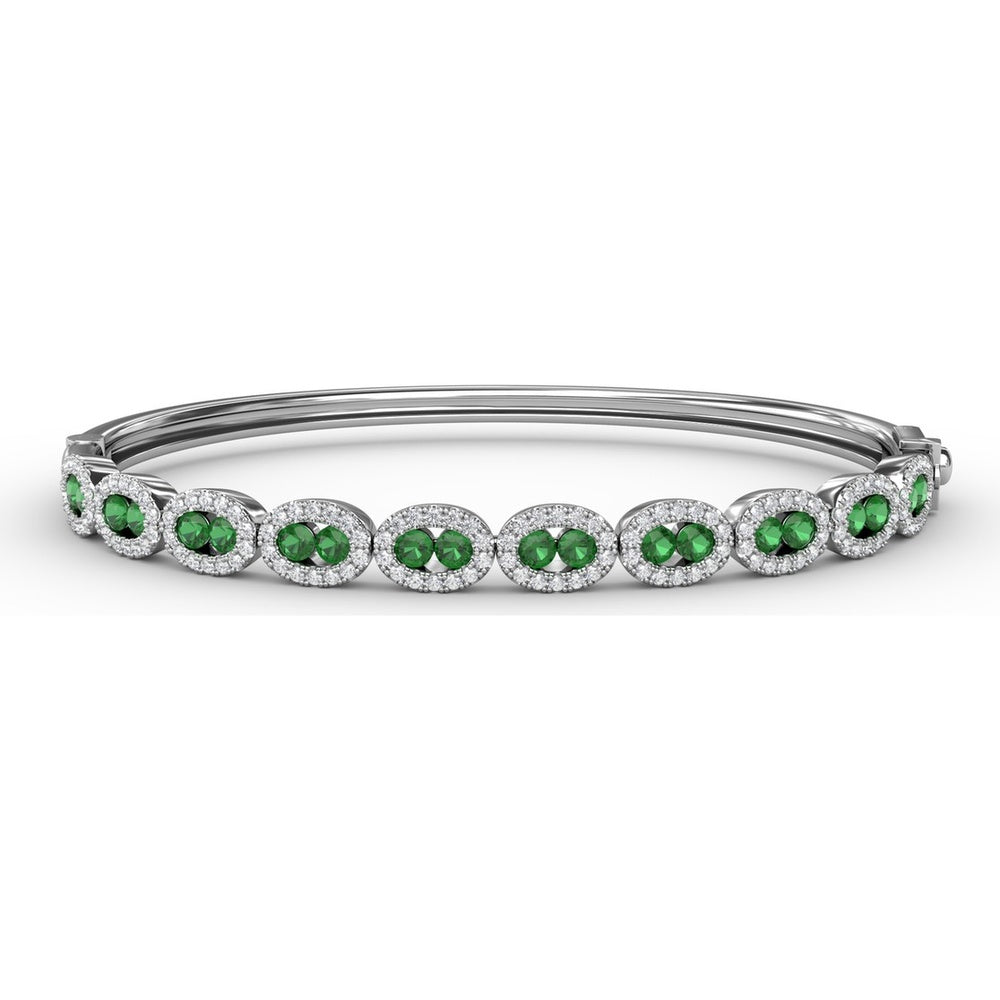 Oval Link Bangle with Round Emeralds and Pavé Diamond Halos by Fana - 2.35 Carat Total Gemstone Weight