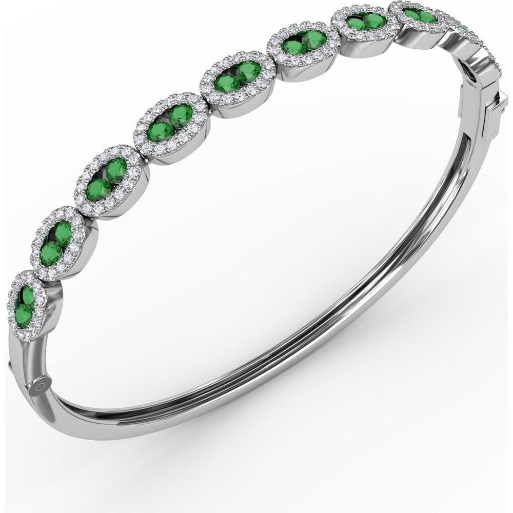 Oval Link Bangle with Round Emeralds and Pavé Diamond Halos by Fana - 2.35 Carat Total Gemstone Weight