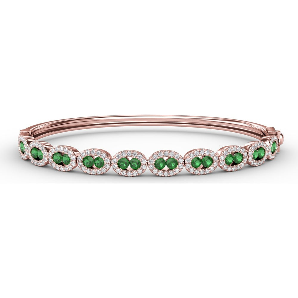 Oval Link Bangle with Round Emeralds and Pavé Diamond Halos by Fana - 2.35 Carat Total Gemstone Weight