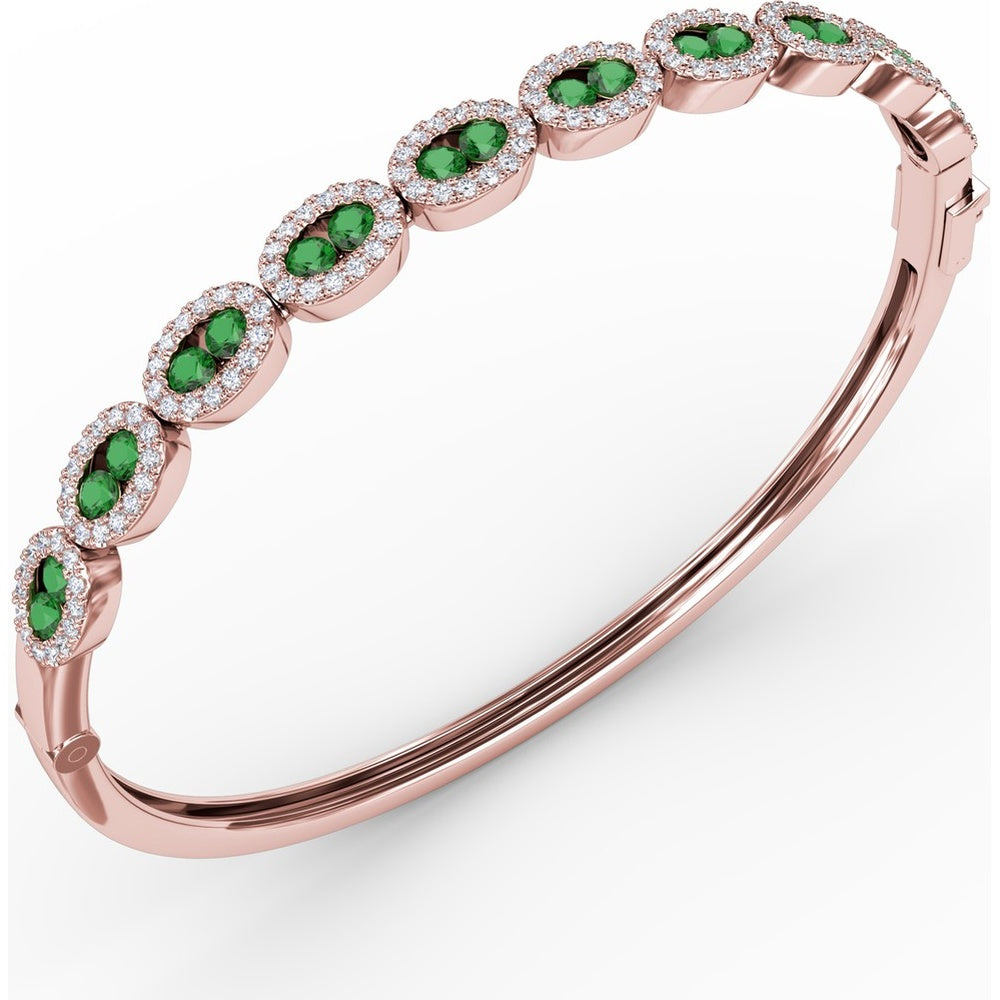 Oval Link Bangle with Round Emeralds and Pavé Diamond Halos by Fana - 2.35 Carat Total Gemstone Weight