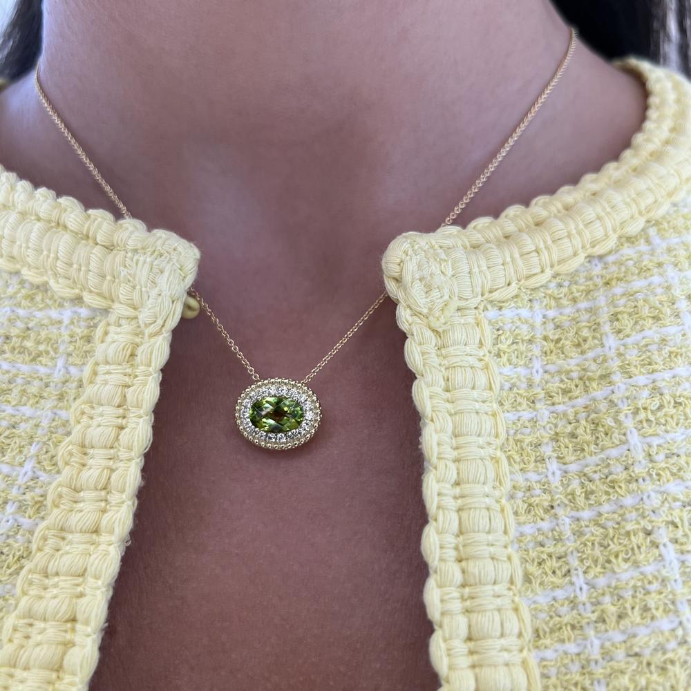 Oval Peridot and Diamond East to West Pendant Necklace in 18K Yellow Gold by Charles Krypell