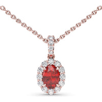 Oval Ruby and Diamond Halo Pendant Necklace with Pavé Bail by Fana - 1.37 Carat Total Gemstone Weight