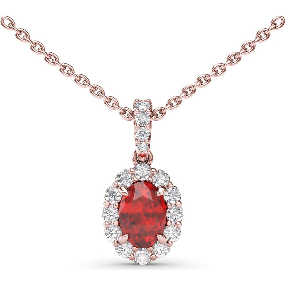 Oval Ruby and Diamond Halo Pendant Necklace with Pavé Bail by Fana - 1.37 Carat Total Gemstone Weight