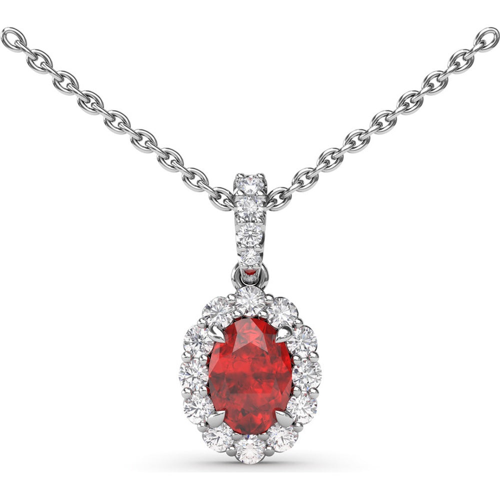 Oval Ruby and Diamond Halo Pendant Necklace with Pavé Bail by Fana - 1.37 Carat Total Gemstone Weight