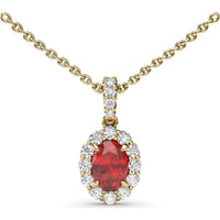 Oval Ruby and Diamond Halo Pendant Necklace with Pavé Bail by Fana - 1.37 Carat Total Gemstone Weight