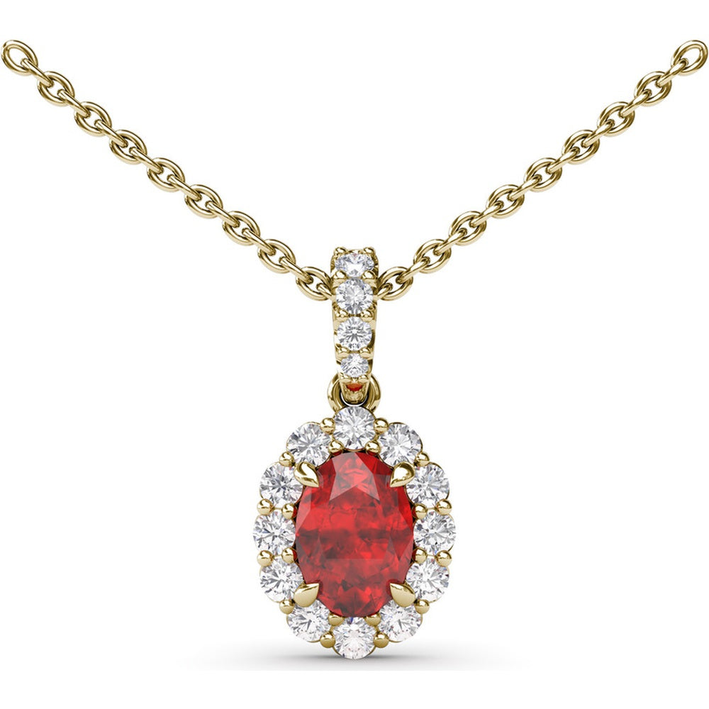 Oval Ruby and Diamond Halo Pendant Necklace with Pavé Bail by Fana - 1.37 Carat Total Gemstone Weight