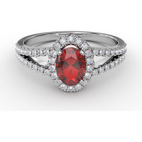 Oval Ruby and Diamond Halo Split Shank Ring by Fana - 0.96 Carat Total Gemstone Weight