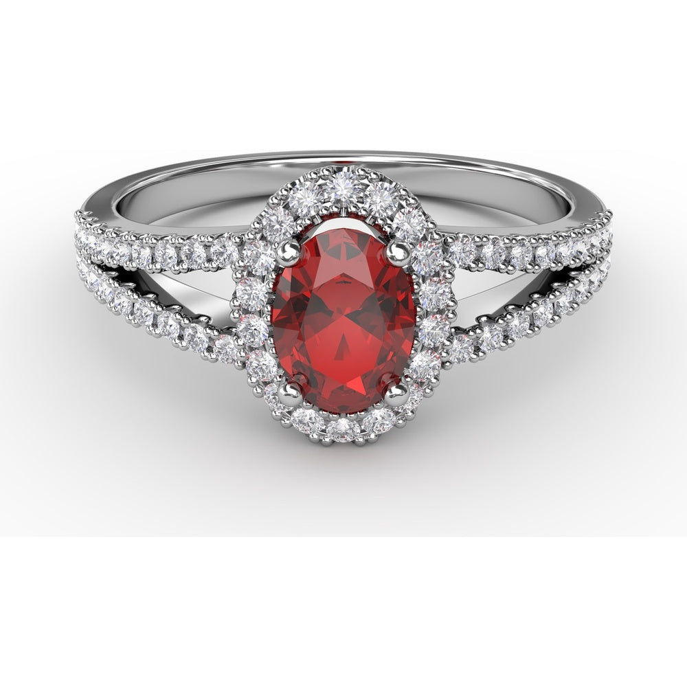 Oval Ruby and Diamond Halo Split Shank Ring by Fana - 0.96 Carat Total Gemstone Weight