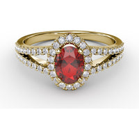 Oval Ruby and Diamond Halo Split Shank Ring by Fana - 0.96 Carat Total Gemstone Weight