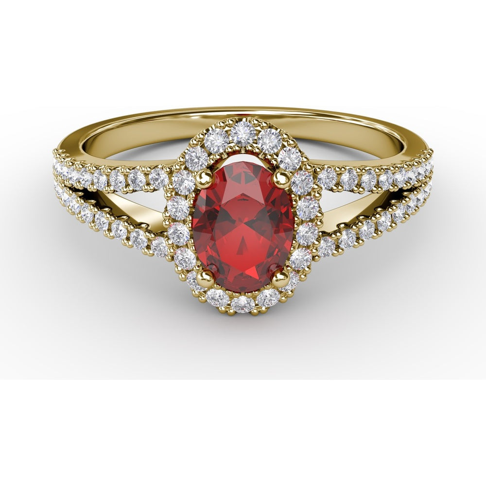 Oval Ruby and Diamond Halo Split Shank Ring by Fana - 0.96 Carat Total Gemstone Weight