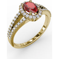 Oval Ruby and Diamond Halo Split Shank Ring by Fana - 0.96 Carat Total Gemstone Weight
