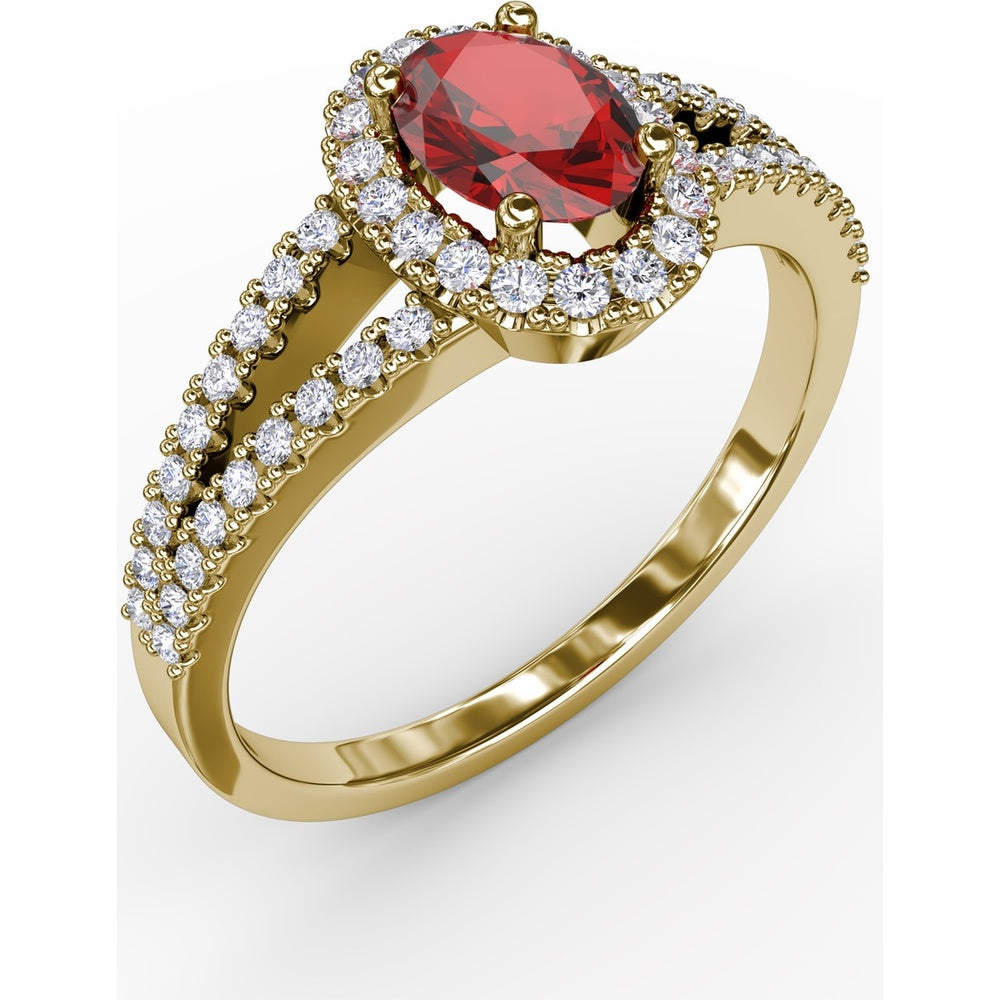 Oval Ruby and Diamond Halo Split Shank Ring by Fana - 0.96 Carat Total Gemstone Weight
