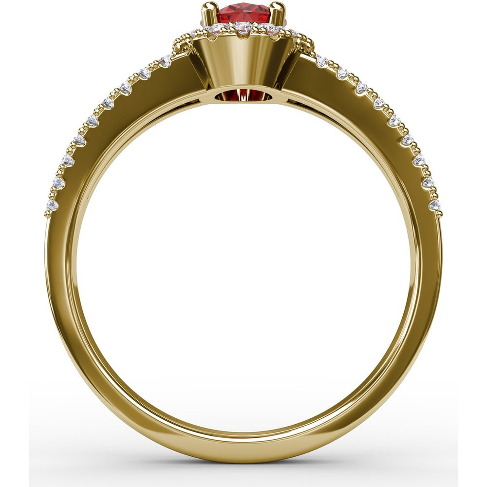 Oval Ruby and Diamond Halo Split Shank Ring by Fana - 0.96 Carat Total Gemstone Weight