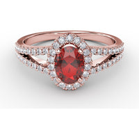 Oval Ruby and Diamond Halo Split Shank Ring by Fana - 0.96 Carat Total Gemstone Weight