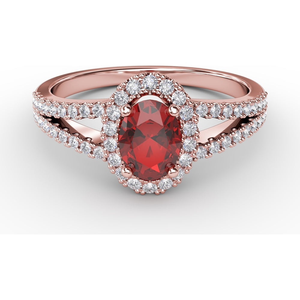 Oval Ruby and Diamond Halo Split Shank Ring by Fana - 0.96 Carat Total Gemstone Weight