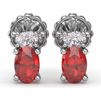 Oval Ruby and Diamond Stud Earrings with Vintage Inspired Milgrain Halo by Fana - 1.63 Carat Total Gemstone Weight