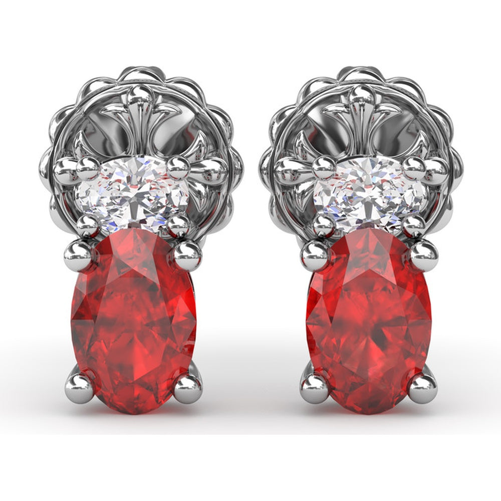 Oval Ruby and Diamond Stud Earrings with Vintage Inspired Milgrain Halo by Fana - 1.63 Carat Total Gemstone Weight