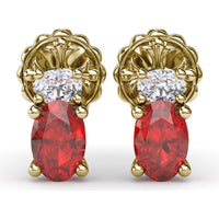 Oval Ruby and Diamond Stud Earrings with Vintage Inspired Milgrain Halo by Fana - 1.63 Carat Total Gemstone Weight