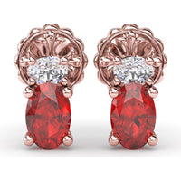Oval Ruby and Diamond Stud Earrings with Vintage Inspired Milgrain Halo by Fana - 1.63 Carat Total Gemstone Weight