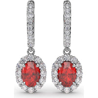 Oval Ruby Drop Earrings with Diamond Halo and Pavé Bar by Fana - 2.86 Carat Total Gemstone Weight