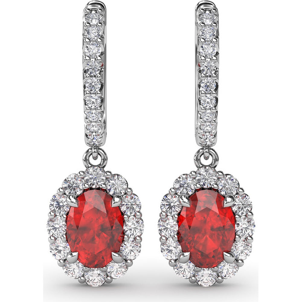 Oval Ruby Drop Earrings with Diamond Halo and Pavé Bar by Fana - 2.86 Carat Total Gemstone Weight