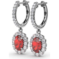 Oval Ruby Drop Earrings with Diamond Halo and Pavé Bar by Fana - 2.86 Carat Total Gemstone Weight