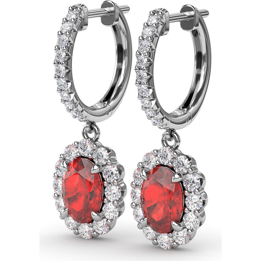 Oval Ruby Drop Earrings with Diamond Halo and Pavé Bar by Fana - 2.86 Carat Total Gemstone Weight