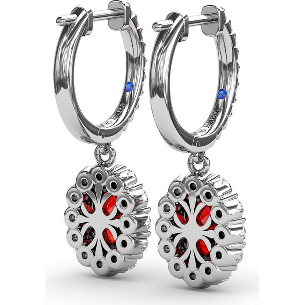 Oval Ruby Drop Earrings with Diamond Halo and Pavé Bar by Fana - 2.86 Carat Total Gemstone Weight